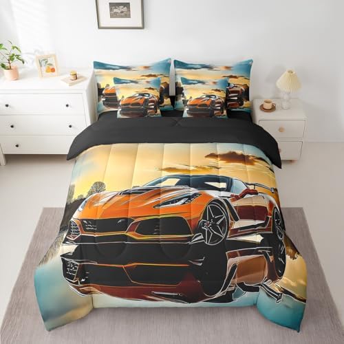 Feelyou Speed Sports Car Comforter Set with Sheets Full Size Kids Race Car 7 Pieces Bedding Set for Boys Girls Teens Racing Car Bed in a Bag Breathable Extreme Sports Bed Set Automobile