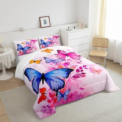 Blue Butterfly Comforter Set King for Girls Pink Tie-Dye Bedding Rustic Garden Theme Bedding Comforter Set Colorful Butterfly Print Duvet Insert Dream Themed Quilt for Boys Teen Kids Flowers Bedding