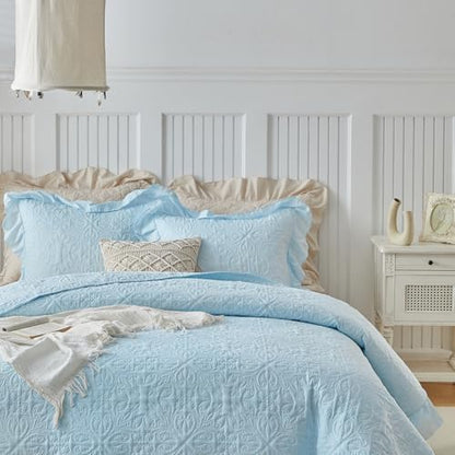Ruffles Quilt Set Twin Size 68 * 86in - 2 Pieces Solid Shabby Chic Farmhouse Ruffled Bedding Rustic Coverlet Lightweight Fluffy Summer Oversized Bedspread with Shams for Women Men Light Blue