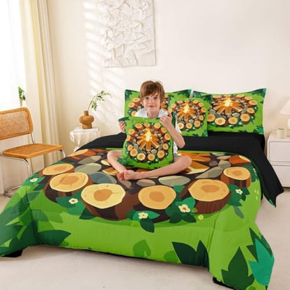 Erosebridal Campfire 7 Piece Bed in A Bag Full Forest Tree Stump Bed in A Bag Happy Camping Camper Bedding Sets for Kids Boys Girls Woodland Campsite Summer Adventure Sheet Set with Comforter