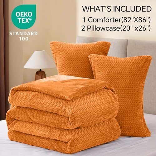 ChiXpace Fleece Full Comforter Set Burnt Orange, Fluffy Bed Set 3 Pieces