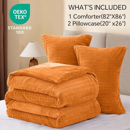ChiXpace Fleece Full Comforter Set Burnt Orange, Fluffy Bed Set 3 Pieces