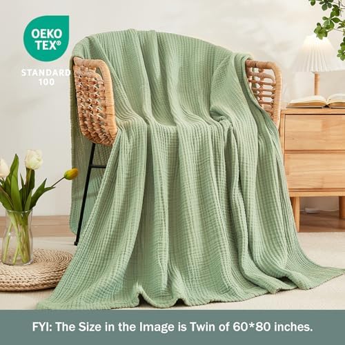 EMME Muslin Blankets for Adults Throw Blanket for Couch Breathable Gauze Soft Lightweight Airy Sage Green Twin 60" x 80"