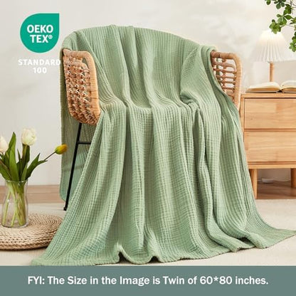 EMME Muslin Blankets for Adults Throw Blanket for Couch Breathable Gauze Soft Lightweight Airy Sage Green Throw 50" x 60"