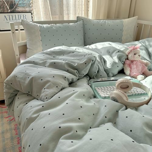 VM VOUGEMARKET Sage Green Bedding Set Twin 3 Pieces Black Dots Duvet Cover Set with Lace Edge-Soft Microfiber Princess Style Comforter Cover for Teen Girls-68x86 Inch
