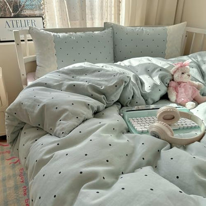 VM VOUGEMARKET Sage Green Bedding Set Twin 3 Pieces Black Dots Duvet Cover Set with Lace Edge-Soft Microfiber Princess Style Comforter Cover for Teen Girls-68x86 Inch