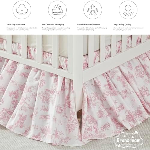 Brandream French Country Toile Cotton Crib Skirt Toddler Bedskirt Dust Ruffle Baby Nursery Crib Bed Skirt Boho Bohemian Vintage Pink Floral Print Farmhouse Chic Ruffles Skirt