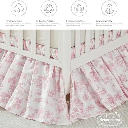 Brandream French Country Toile Cotton Crib Skirt Toddler Bedskirt Dust Ruffle Baby Nursery Crib Bed Skirt Boho Bohemian Vintage Pink Floral Print Farmhouse Chic Ruffles Skirt
