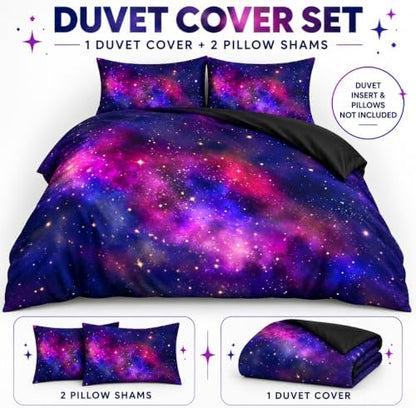 Galaxy Duvet Cover Space Bedding Set King Size for Teen Kids, for Boys and Girls Purple Bed Set Printed with 1 Comforter Cover and 2 Pillowcases
