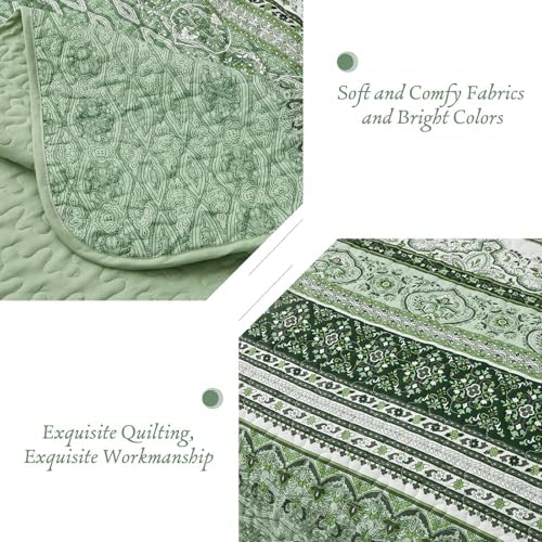WONGS BEDDING Boho Queen Quilt Bedding Set, 3 Pieces Bedspread, Light Green