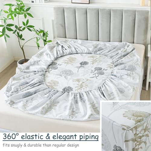 FADFAY Full Sheets Set Percale Cotton Grey Floral Bed Sheets Deep Pocket Fitted Sheet, Luxury Ink Vintage Grey Hydrangea Printed Shabby White Bedding for All Season, Super Soft Crisp & Cool, 4 Pcs
