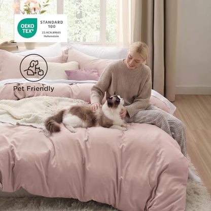 Bedsure Prewashed Duvet Cover King, Cotton-Like Soft Bedding Set, Rose Pink
