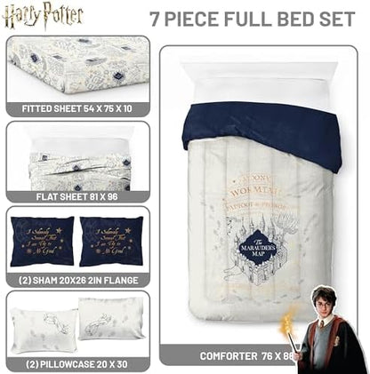 Harry Potter Full Comforter Set 7 Piece Soft Fantasy Bedding, Beige