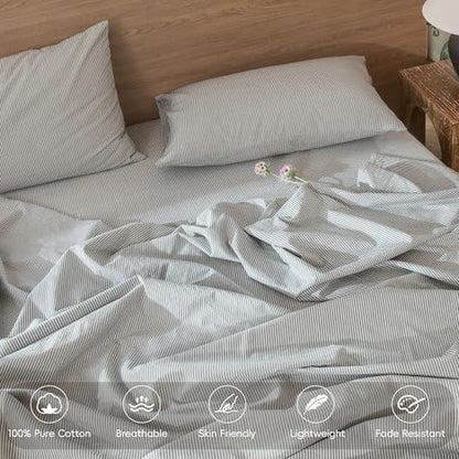 MooMee Striped Duvet Cover Set 100% Washed Cotton Linen Like Super King