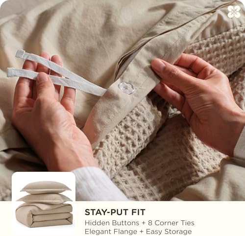 Bedsure PureWoven 100% Cotton Waffle Duvet Cover Set, 2 Pieces, Twin, Khaki