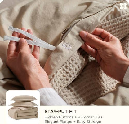 Bedsure PureWoven 3 Pieces 100% Cotton Waffle Duvet Cover Set, Queen, Khaki