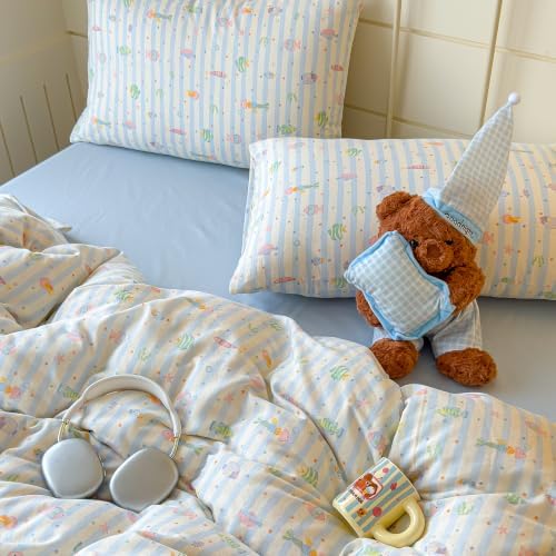 VM VOUGEMARKET Kids Fish Duvet Cover Set Twin,Blue Striped