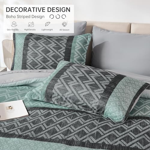 Boho Comforter Set King Size,Green and Grey Striped Bed in a Bag