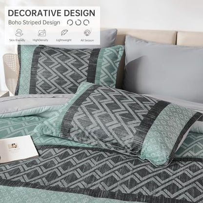 Boho Comforter Set King Size,Green and Grey Striped Bed in a Bag