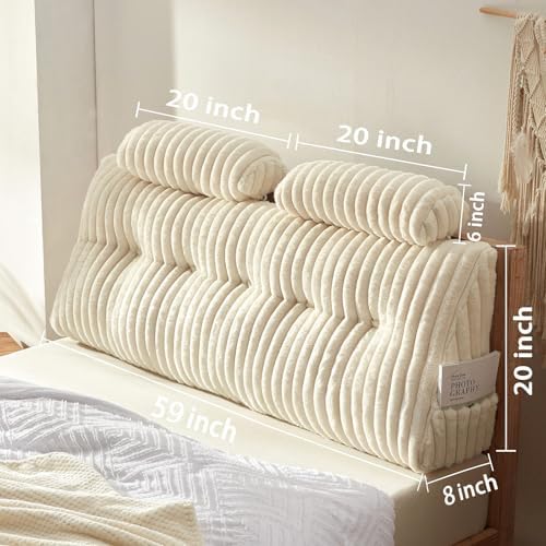 Rycwola Faux Fur Headboard Pillow with 2 Pack Neck Roll Pillow Large Headboard Pillow Soft and Supportive with Removable Cover (Beige, Queen)