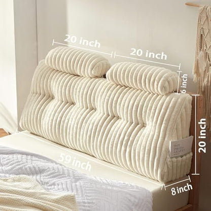 Rycwola Faux Fur Headboard Pillow with 2 Pack Neck Roll Pillow Large Headboard Pillow Soft and Supportive with Removable Cover (Beige, Queen)