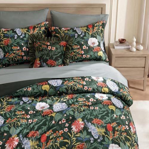 Queen Comforter Set - 7 Pieces Green Floral Bed in a Bag Queen Bedding Sets