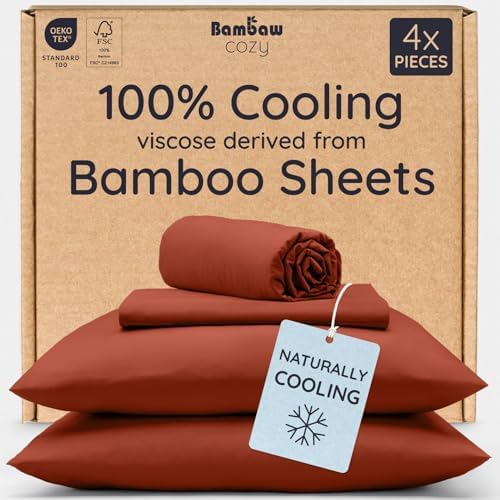 Bambaw 100% Viscose Derived from Bamboo Sheets Full Size Set – 4pcs Set of Full Size Bed Sheets Cooling and Soft, with Elastic Corner Straps, Bedding for Night Sweats (Terracotta)