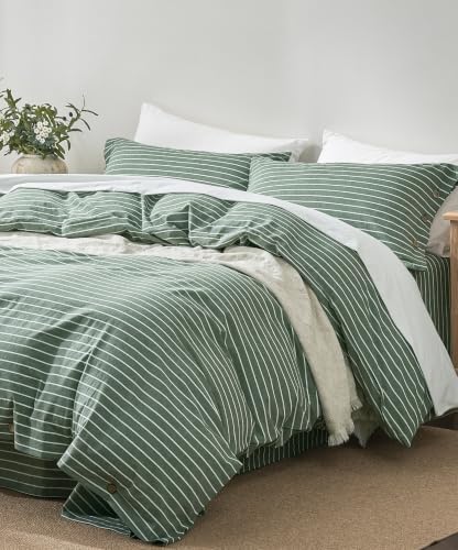 JELLYMONI 100% Washed Cotton Forest Green Striped Duvet Cover Set Full