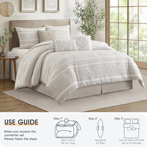 LANCO MODERN LIFESTYLE 7 Piece King Comforter Set, Beige, Elegant Jacquard with Patchwork, Stylish and Cozy Bedding Collection, Premium Bedding Set with Bedskirt, Shams and Pillows