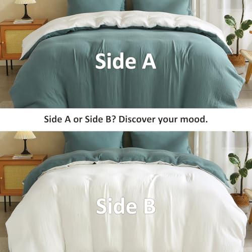 EMME Muslin Cotton Duvet Cover Set Linen Like Teal&White Twin