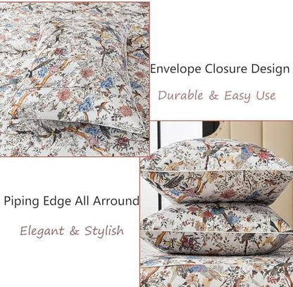 FADFAY Sheets Set Twin Botanical Bird Floral Bed Sheets Set Vintage Mocha Mousse Farmhouse Bedding Shabby Branches Bedding 100% Egyptian Cotton Breathable Soft 17.7" Deep Pocket 4Pcs, Twin Size