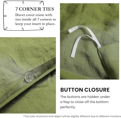Simple&Opulence 100% French Flax Linen Duvet Cover Set with Embroidery Washed - 3 Pieces (1 Duvet Cover with 2 Pillow Shams) with Button Closure Soft Breathable Farmhouse - Olive, King Size