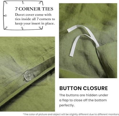 Simple&Opulence 100% French Flax Linen Duvet Cover Set with Embroidery Washed - 3 Pieces (1 Duvet Cover with 2 Pillow Shams) with Button Closure Soft Breathable Farmhouse - Olive, King Size