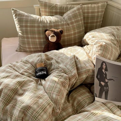 mixinni Queen Duvet Cover Set - 3 Piece Washed Cotton Vintage Geometric Plaid Bedding Set with Zipper Closure, Soft & Breathable Green Pink White Buffalo Check Pattern for All Seasons