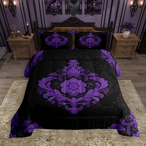 Feelyou Purple Gothic Bedding Set Soft for Boys Girls, Vintage Damask Boho Comforter Set King Size Exotic Victorian Duvet Quilt Microfiber Bedroom Decor 3 Pcs with 2 Pillow Cases