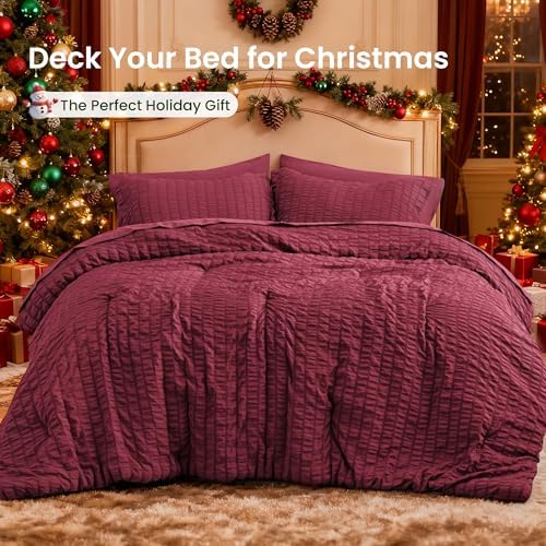 Love's cabin Seersucker Burgundy Twin Comforter Set