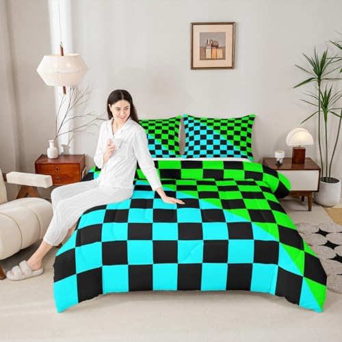 Feelyou Checkered Retro Comforter Set Queen Size Modern Geometric Cute Bedding Set for Kids Boys Girls Teal Green Duvet Quilt Vintage Simple Groovy Aesthetic Bedroom Decor 3 Pcs with 2 Pillow Cases
