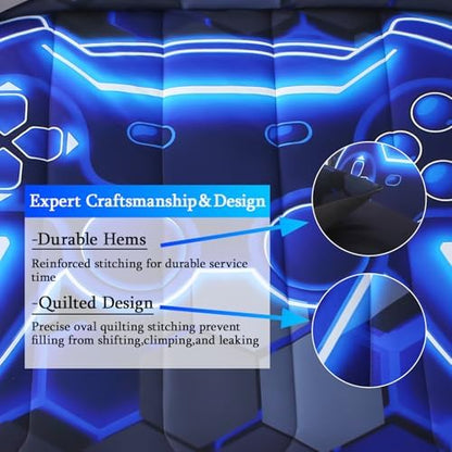 JQinHome Full Size Gaming Bedding Set 6-Piece Comforter for Boys Teens - 3D Video Game Print Bed in a Bag with Sheets, Blue Cool Black Design (Full)
