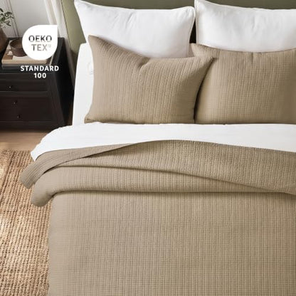 EverGrace 100% Cotton Modern Grid Stitch Quilt Set, Queen Size, Stone Taupe