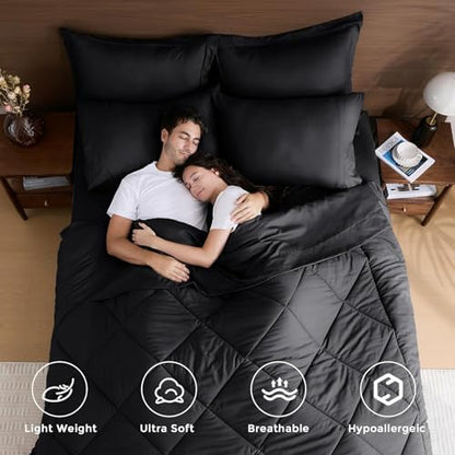 HEVUMYI 7-Piece Oversized King Comforter Set, Black Bed in a Bag