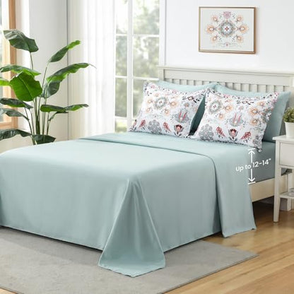 DHSFKBE Boho Comforter Set King - 7 Pieces Bed in a Bag Floral Design, Bohemian Comforter Set with Sheets, Soft Microfiber Complete Bedding Sets All Season (Light Green, King)