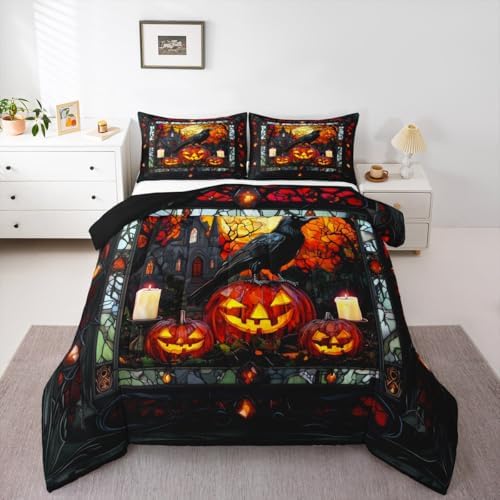 Crow Kids Comforter Set Full Size,Halloween Pumpkin Lantern Lamp Gothic Bedding Set,Girls Boys Room Decor,Castle Branch Geometric Patchwork Quilt Comforter,Black Retro Duvet Insert,2 Pillowcases