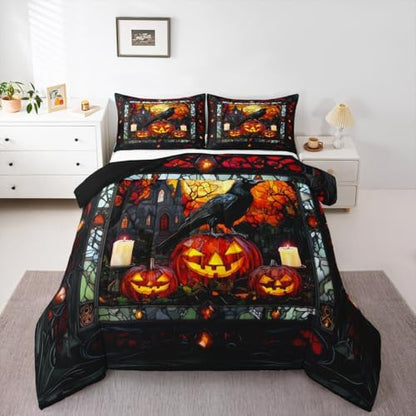 Crow Kids Comforter Set Full Size,Halloween Pumpkin Lantern Lamp Gothic Bedding Set,Girls Boys Room Decor,Castle Branch Geometric Patchwork Quilt Comforter,Black Retro Duvet Insert,2 Pillowcases