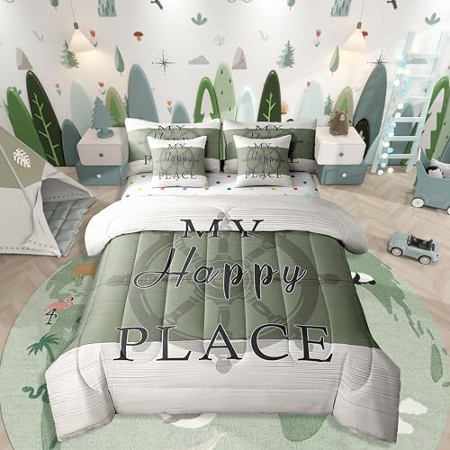 Erosebridal Rustic Farmhouse Style 7 Piece Bedding Set King,Nautical Rudder Comforter Set Bed in a Bag,Vintage Wood Grain Pattern Sheets,Navy Green Ivory Quilted Duvet,Modern Chic Summer Room Decor