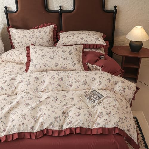 VM VOUGEMARKET Red Ruffle Duvet Cover Twin,Vintage Rose Flower Bedding Set with Zipper Ties 100% Cotton Romantic Lace Comforter Cover for Teen Girls