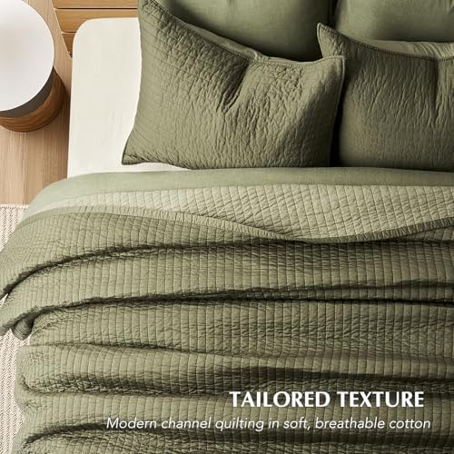 EVERGRACEHOME Cotton Sateen Quilt Set, Oversized Cal King, Olive Green