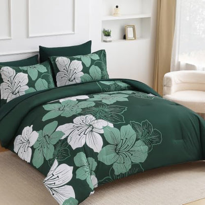 Emerald Green Comforter Set Queen Size, 7 Pieces Floral Bed in a Bag