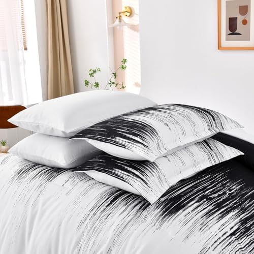 Dinjoy Ombre Black Comforter Set Queen Size Gradient Black White Boho Bedding Set for Teen Men Women 7 Pieces Bed in A Bag Bohemian Bed Set with Comforter, Sheets, Pillowcases & Shams
