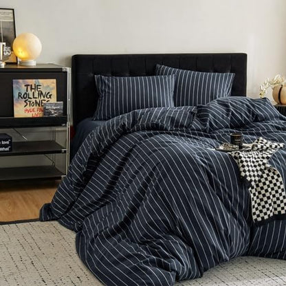 Wake In Cloud Striped Cotton Duvet Cover Set, Navy Blue, Full