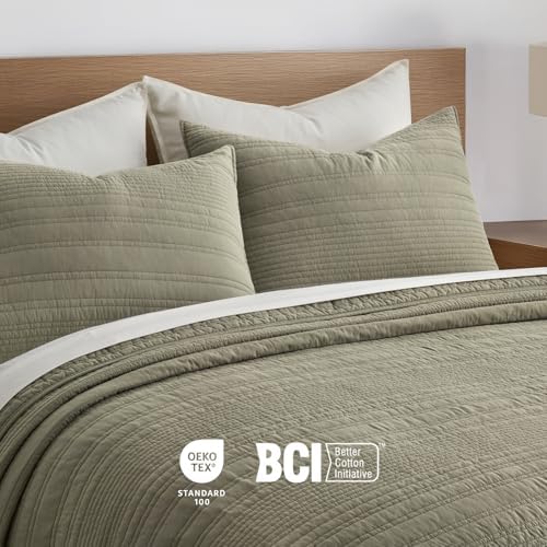 EVERGRACEHOME 100% Cotton Modern Lines Quilt Set King Size, Light Sage
